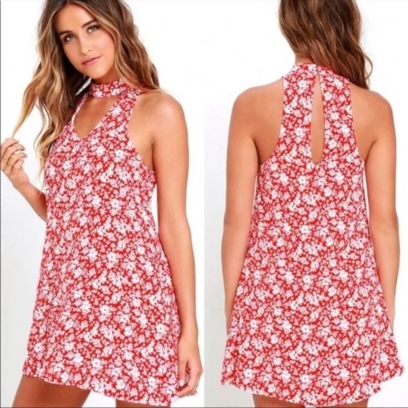 Lulus SMALL Lean Close Red White Floral Halter Neck Mini Swing Dress - Picture 6 of 7